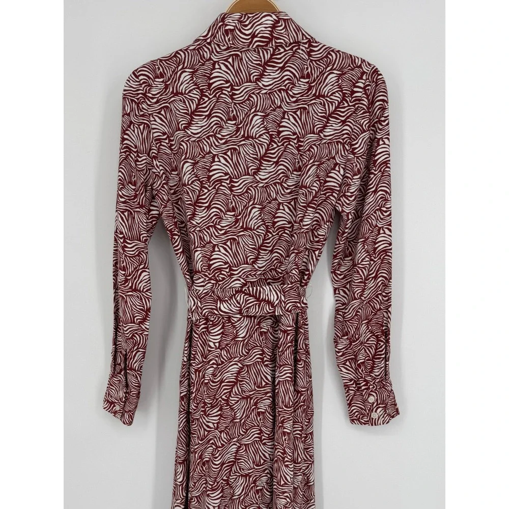 Boden Ottilie Shirt Dress Size 6 Maroon White Wave Print Midi Long Sleeve Belted - Picture 6 of 10